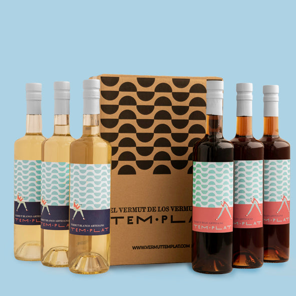 caja de cartón de vermut templat con tres botellas de vermut templat rojo y tres botellas de vermut templat blanco