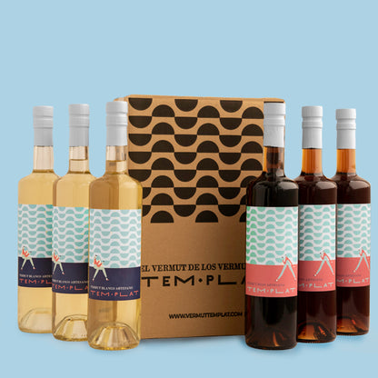 caja de cartón de vermut templat con tres botellas de vermut templat rojo y tres botellas de vermut templat blanco