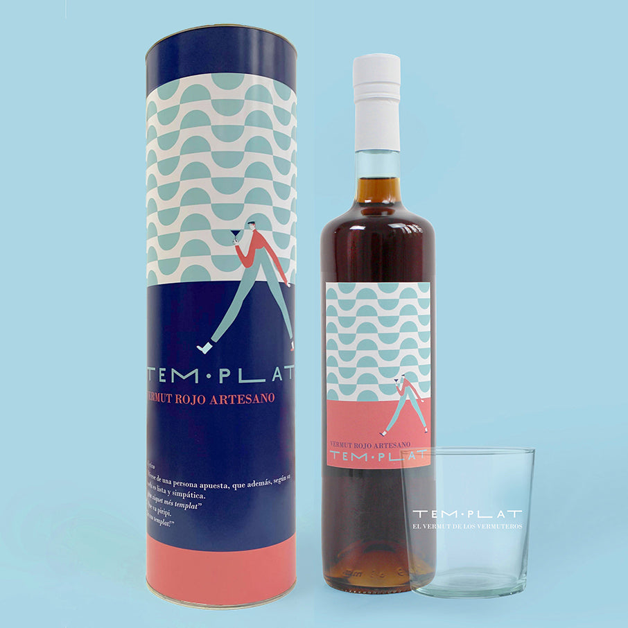 Pack con estuche cilíndrico de vermut Templat y un vaso.