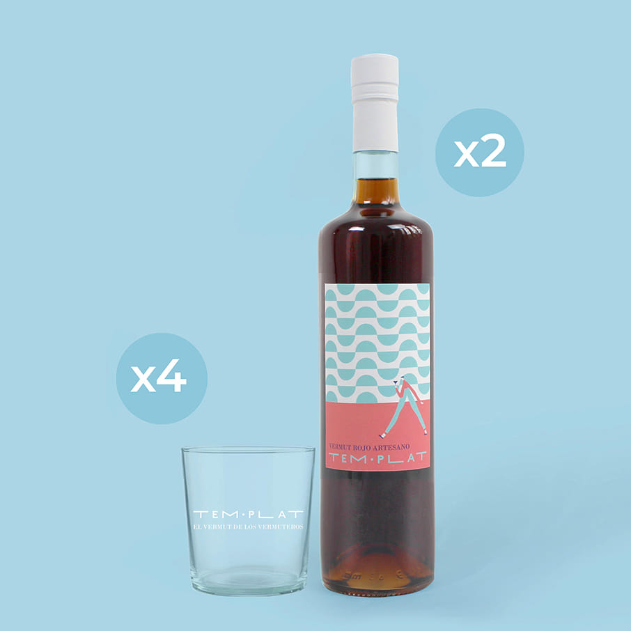 Pack dos botellas y cuatro vasos de vermut Templat.